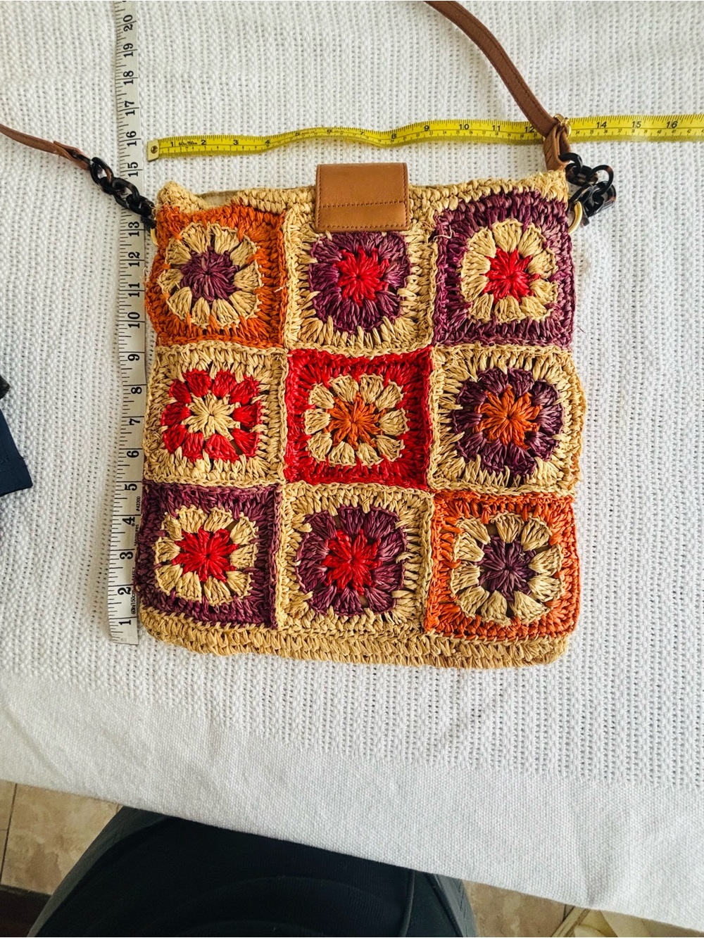 Tory Burch Multi-Color Crochet Square Crossbody with Tan Trim - Picture 8 of 10